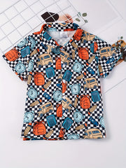 Boys School Bus Schoolbag Pencil Calculator Alarm Clock Short Sleeves Shirt