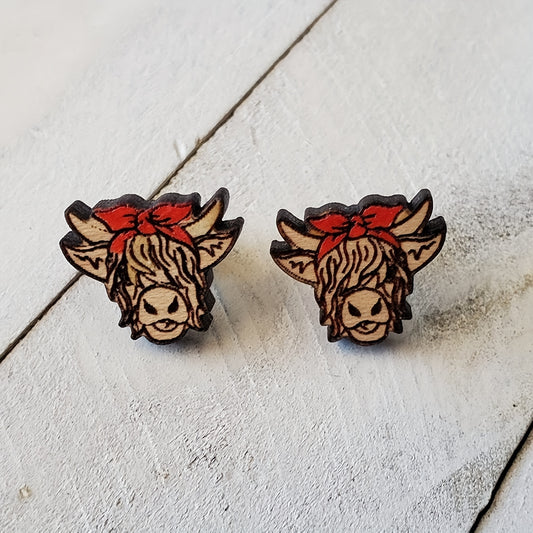 Highland Cow Head Red Bowknot Earrings Retro Bohemian Style