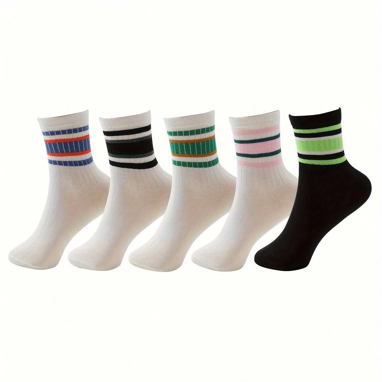 5 Pairs Striped Sports Socks Comfy & Breathable Mid Tube Socks