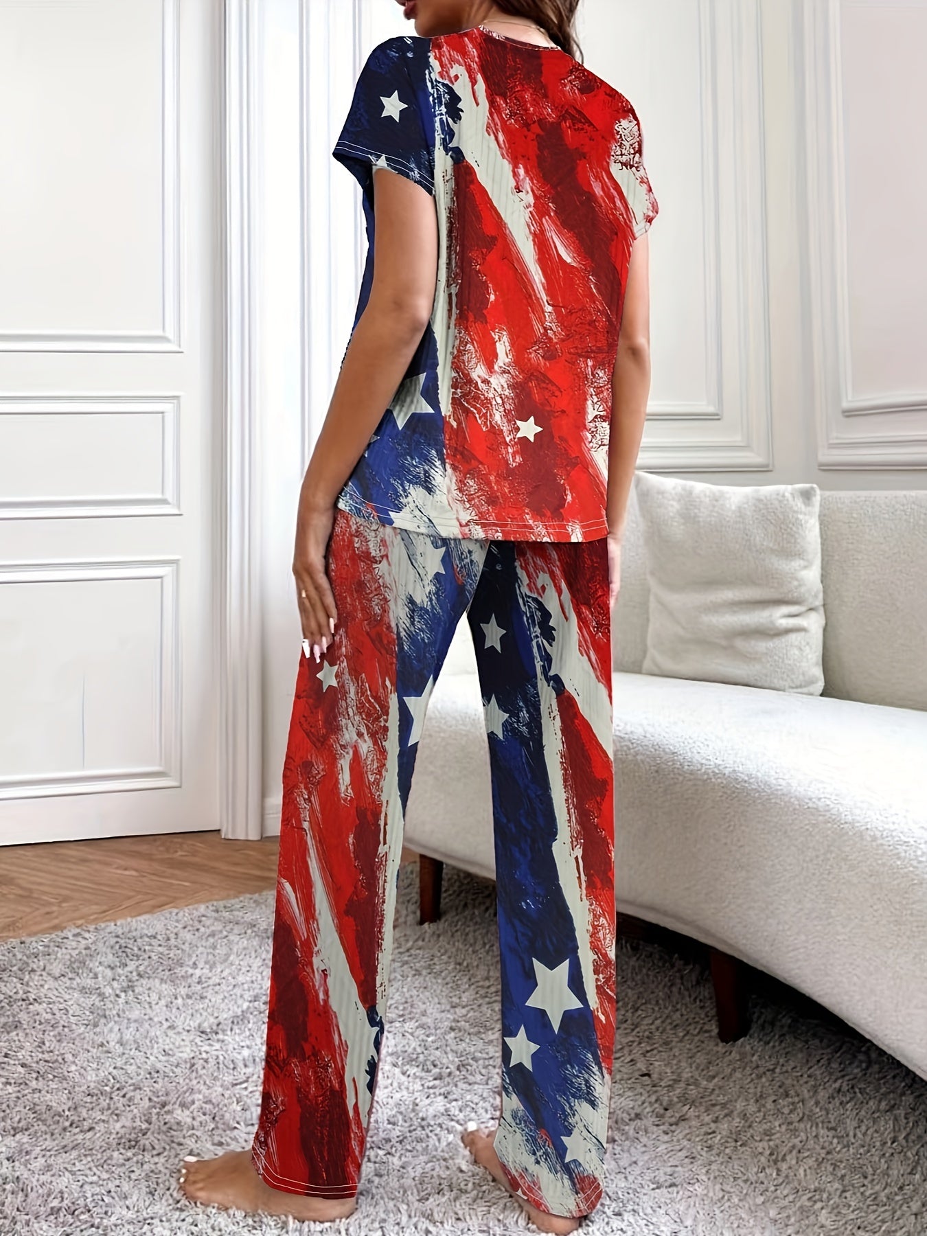 Women's Plus Flag Patterned Pajama Set, Independence Casual