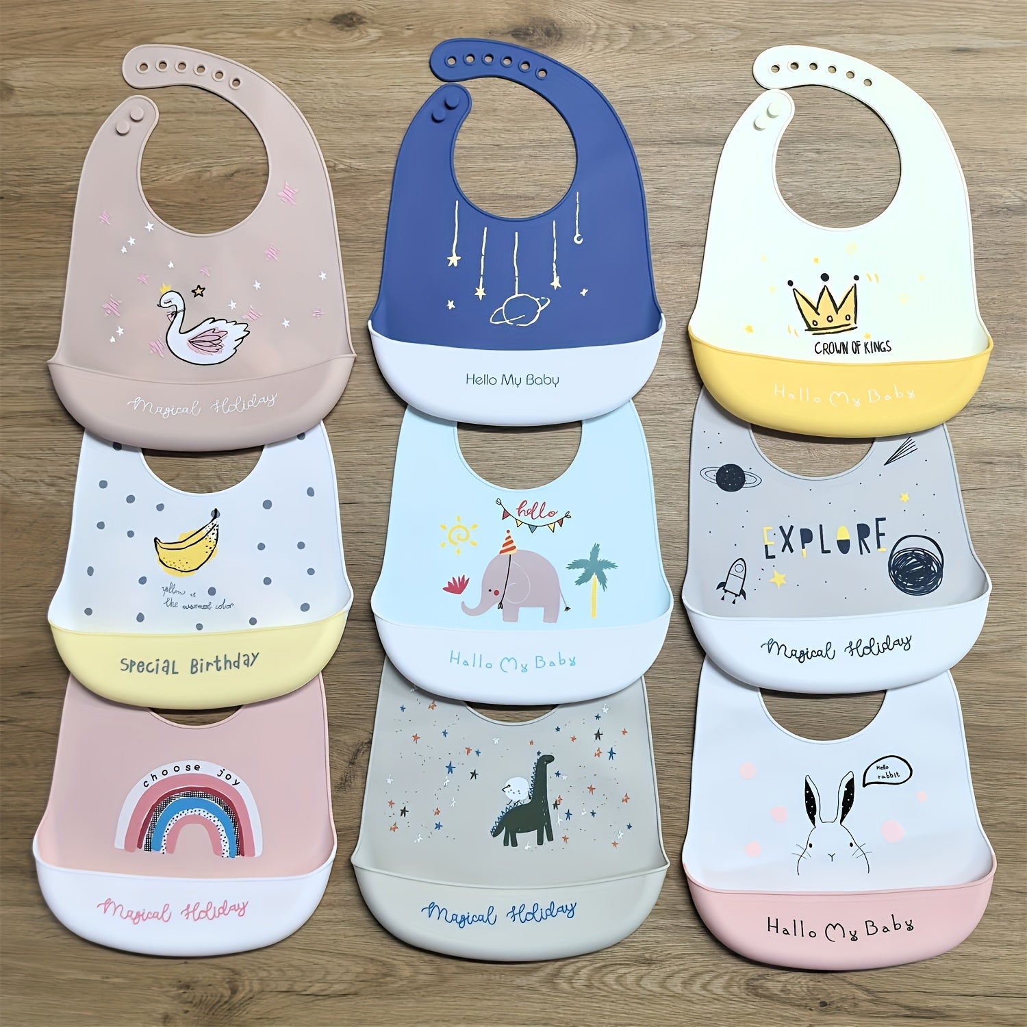 Goldcolin 1pc Silicone Kids Bib Pink Waterproof w/ Rainbow Crown & Space Themes