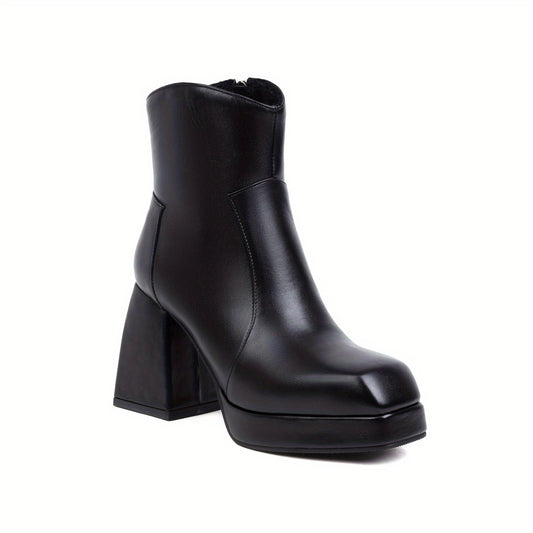 Women's Solid Block Heels Side Zipper Square Toe Ankle Boots