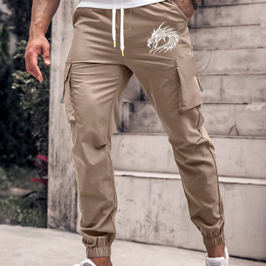 Dragon Pattern Cargo Pants Men's Straight Leg Casual Outdoor Trousers