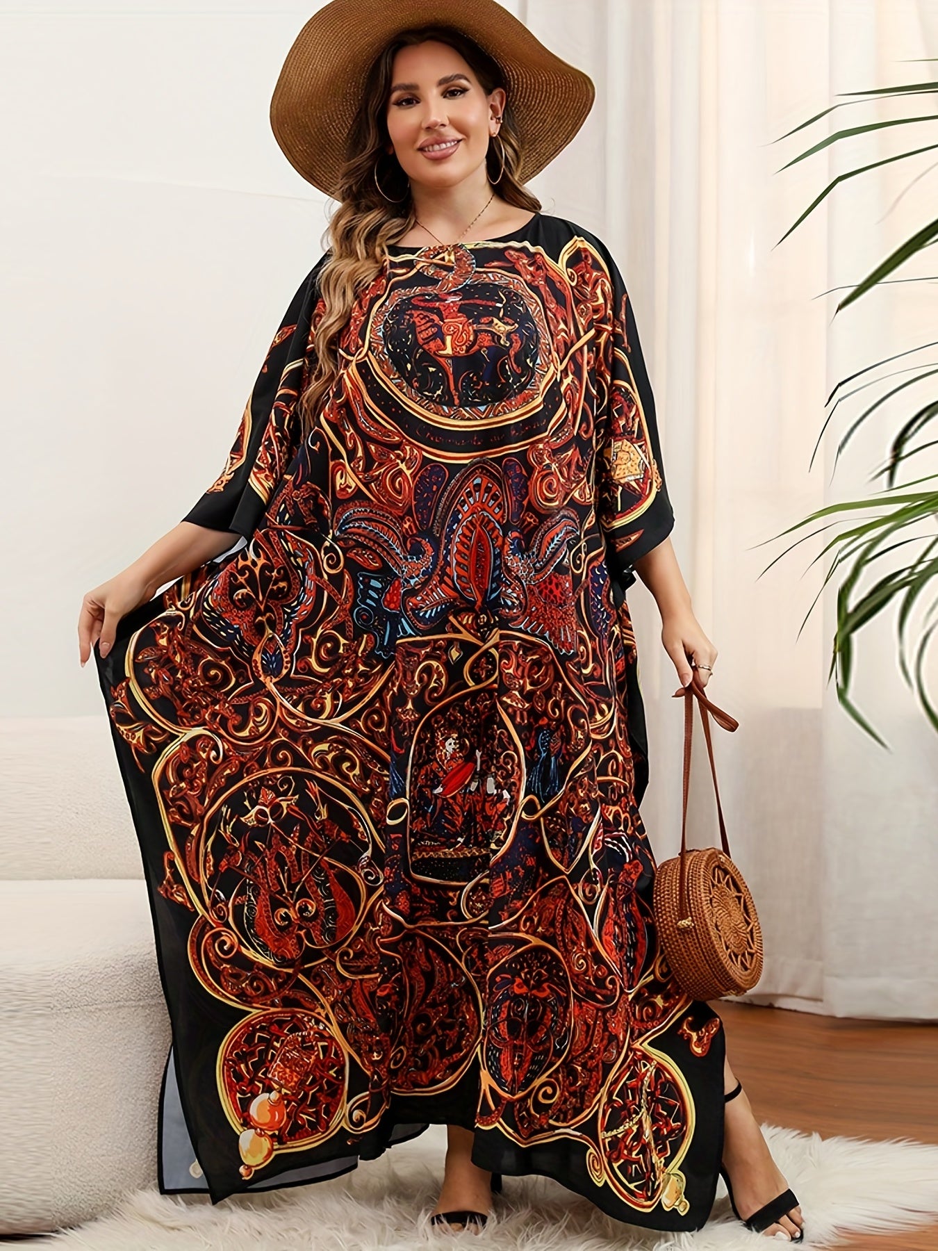  Boho Kimono Paisley Print Batwing Sleeve Maxi Cover Up