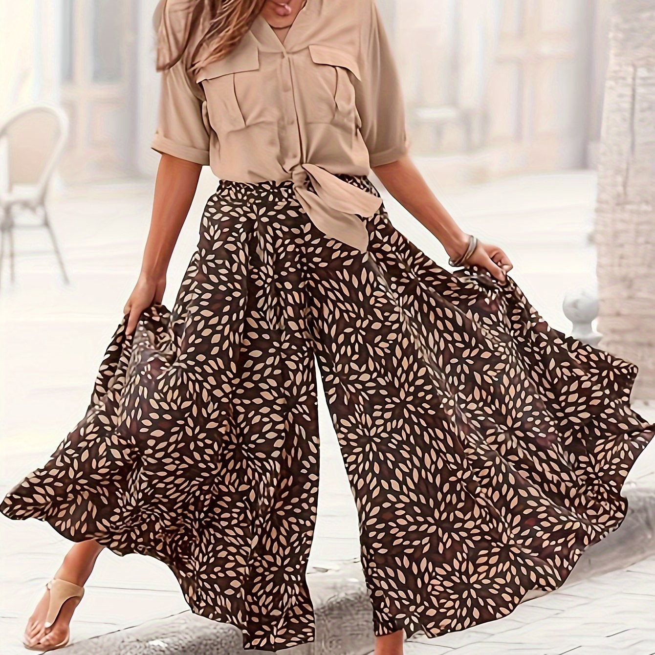  Boho Pants Women's Plus Allover Print High Rise Wide Leg Trousers