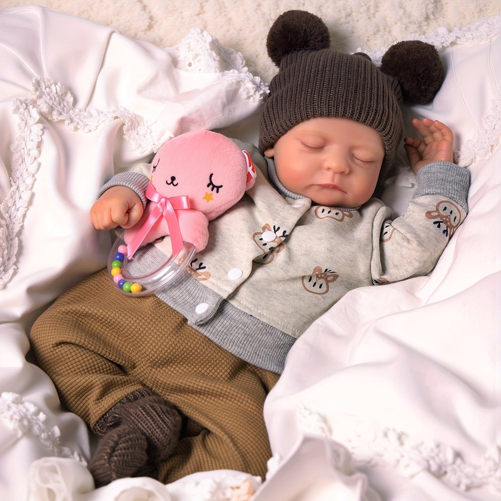 ADFO 20 Inch Reborn Baby Boy Doll with Gray Animal Print Outfit