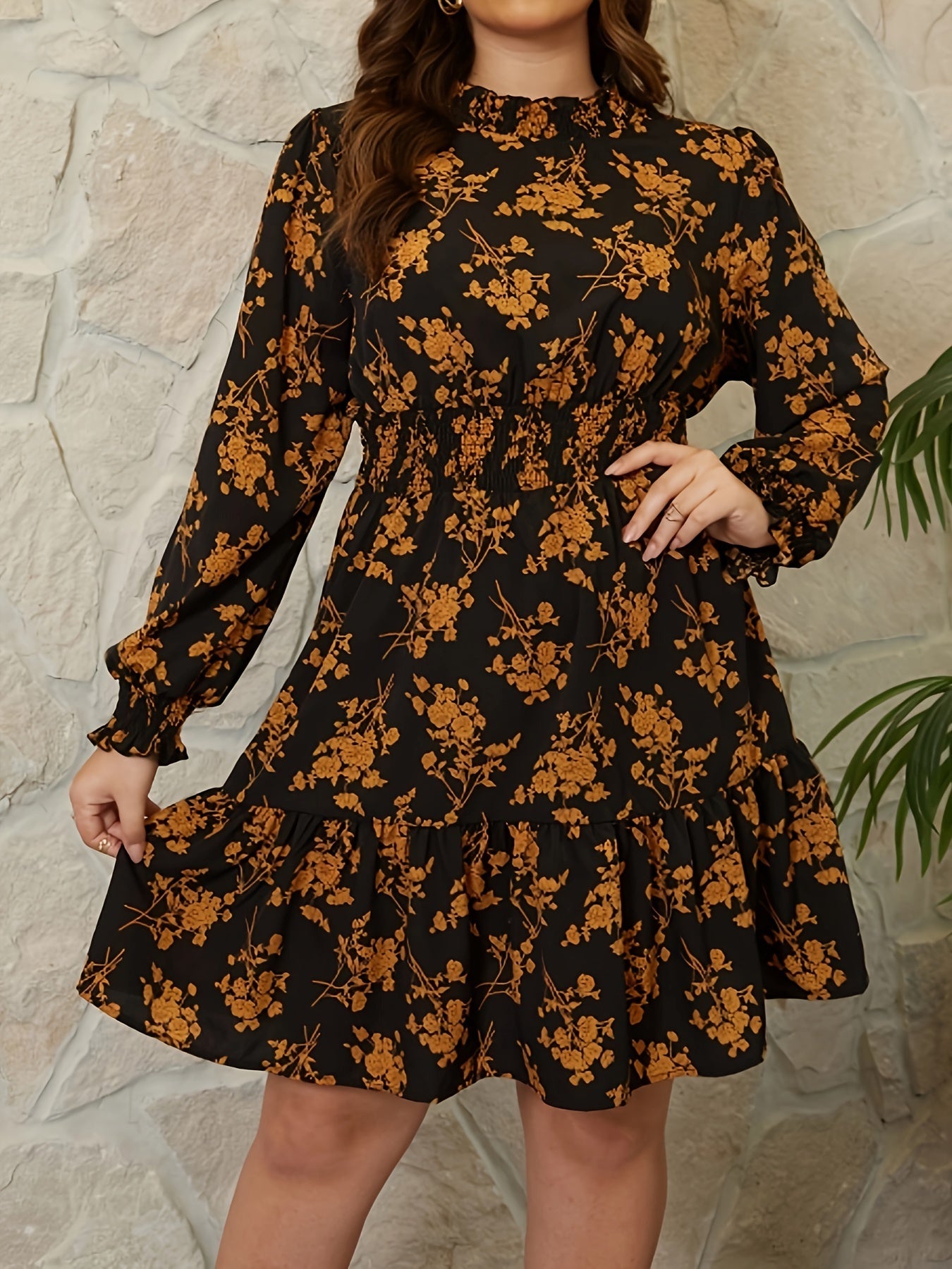 Women's Plus Floral Lantern Sleeve Smock Mini Dress