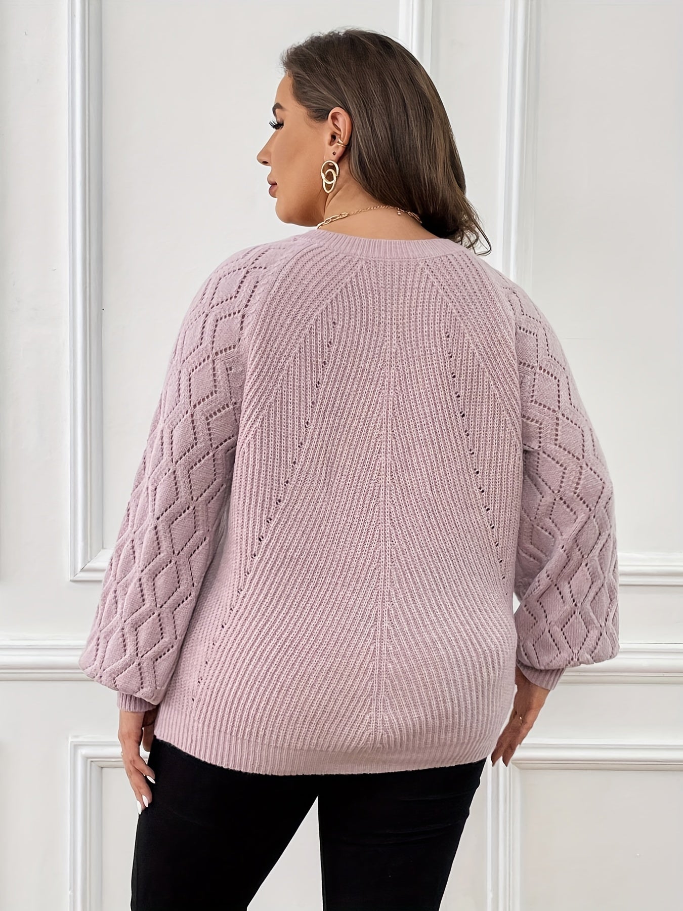  Solid Argyle Pattern Lantern Sleeve V Neck Sweater