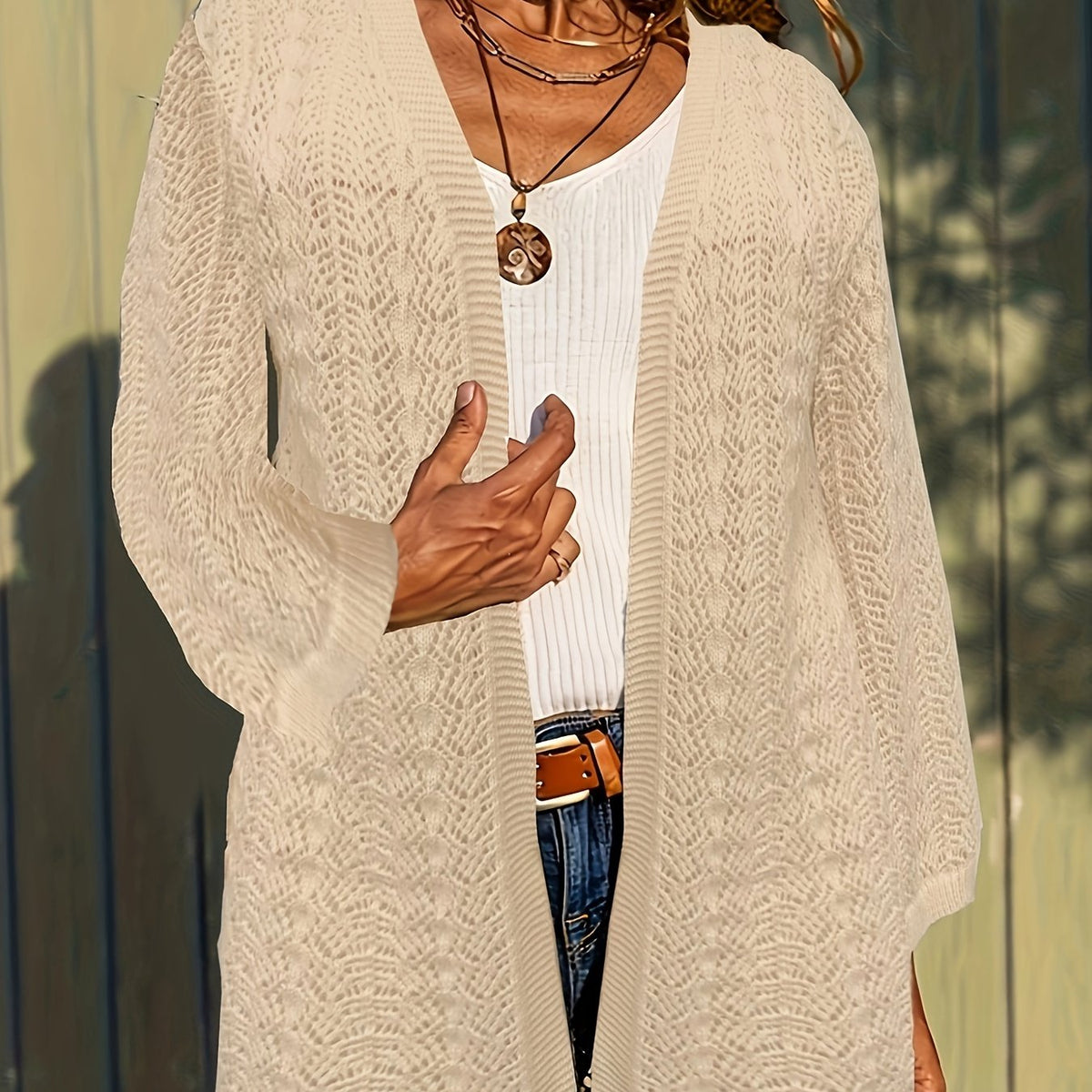 Women's Plus Jacquard Long Sleeve Open Front Cardigan