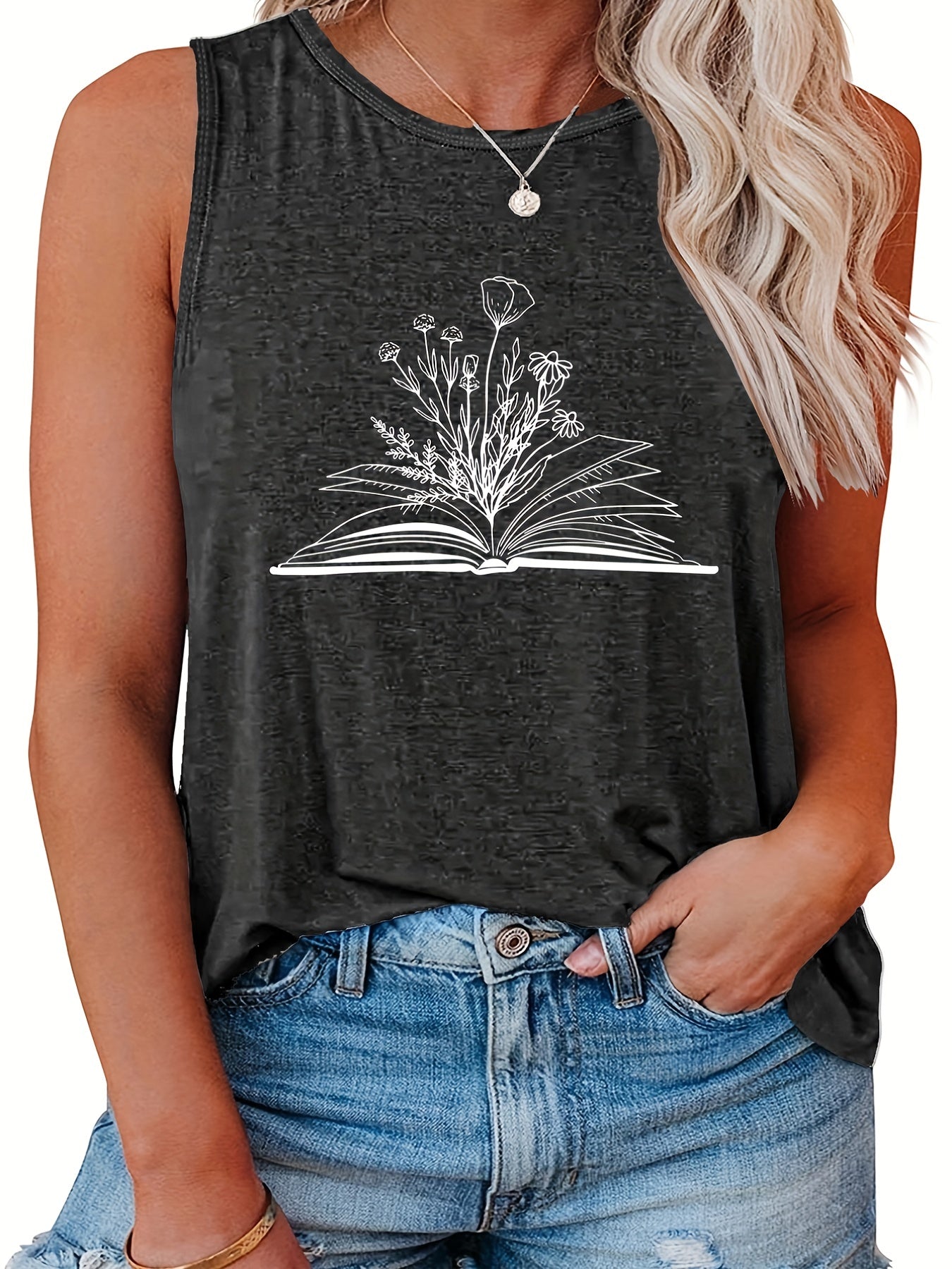  Casual Tank Top Women's Plus Book & Flower Print Round Neck Tank