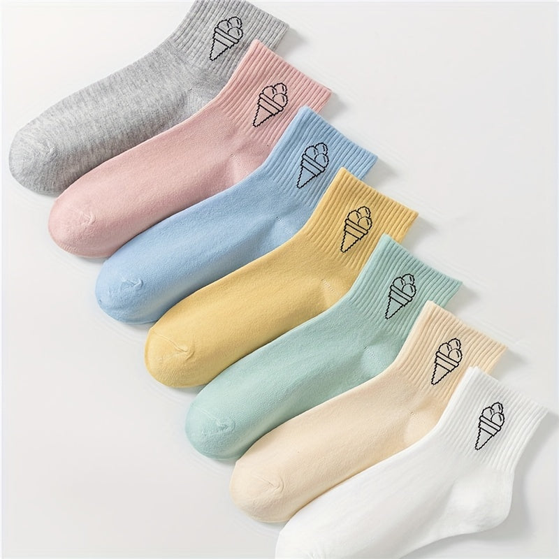 Ice Cream Print Mid Tube Socks, Women's Stockings