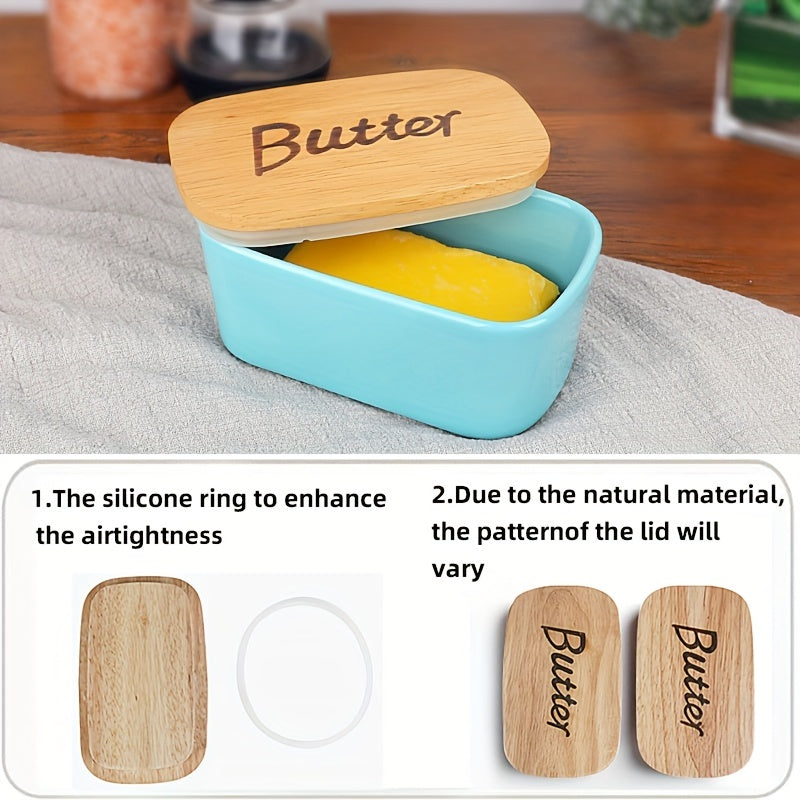 Ceramic Butter Box With Wooden Lid Kitchen Storage Holder