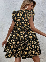  Floral Print Ruffle Trim V Neck Mini Smock Dress