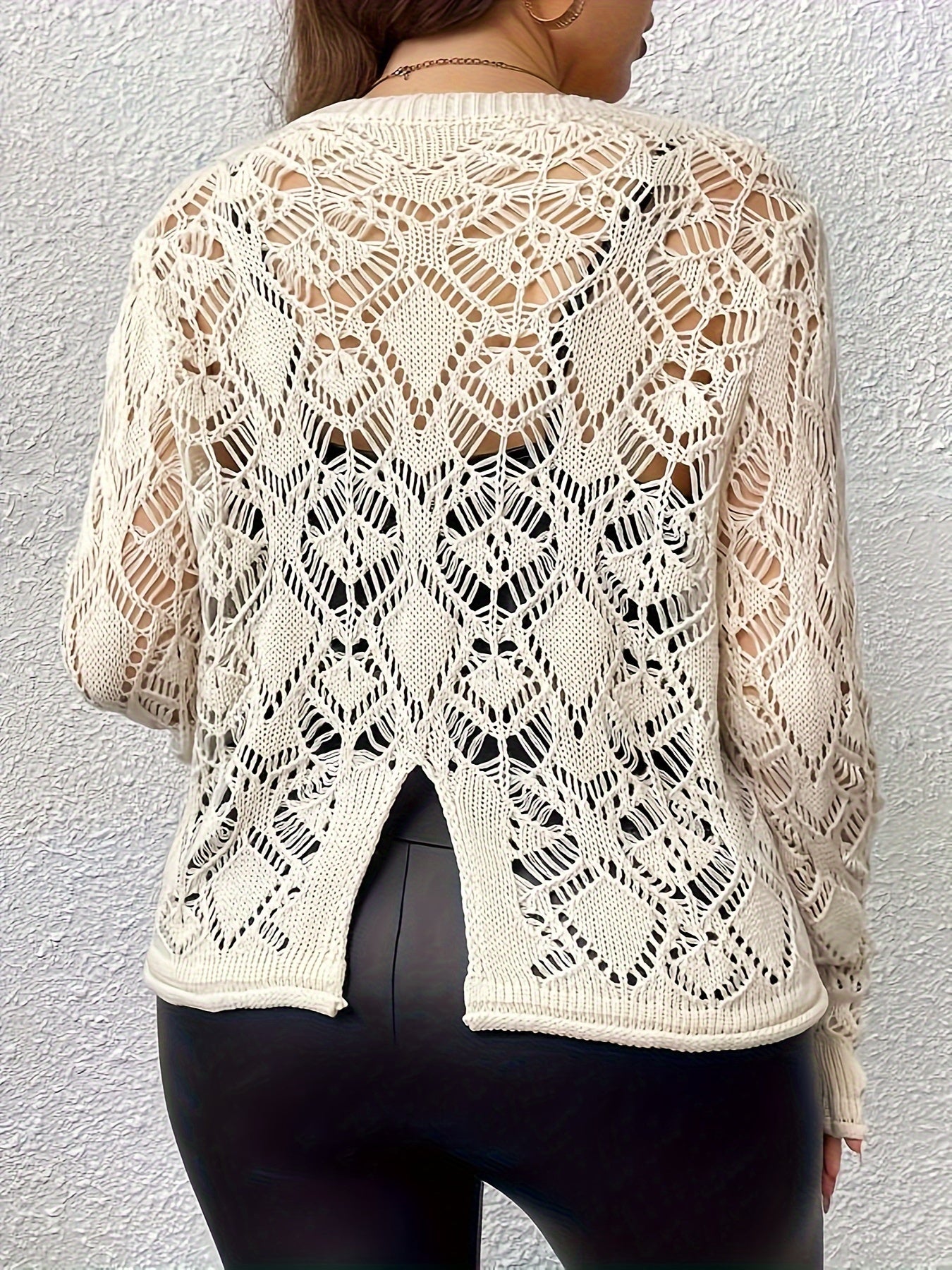  Sexy Knit Top Solid Pointelle Long Sleeve Round Neck