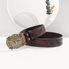 Men's Burgundy Western Cowboy Vintage Buckle Belt