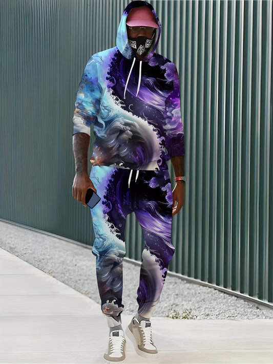 Sea Wave 3d Print Men's 2pcs Hoodie & Sweatpants Set for Autumn Winter
