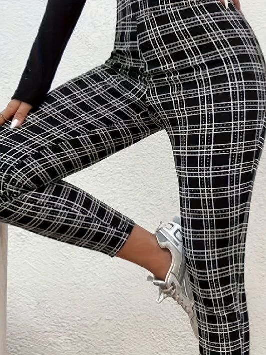  Grid Print High Rise Stretch Leggings