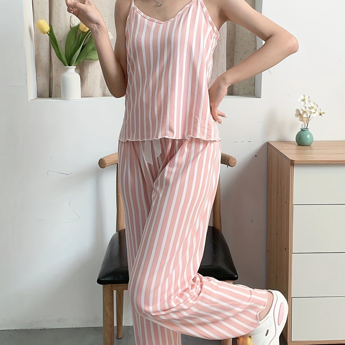 Striped Pajama Set V Neck Cami Top & Pants Women's Sleepwear