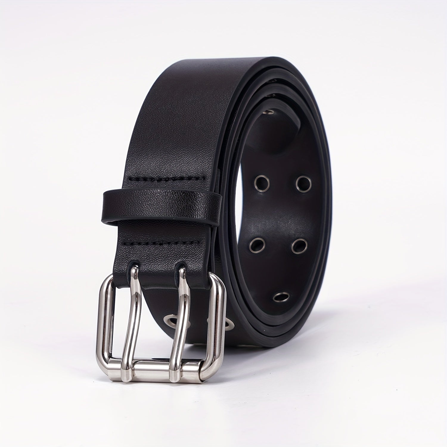 Leather Metal Eyelet Belt Double Pin Buckle Casual Punk Rock Belt