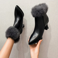 Women's Fuzzy Trim Ankle Boots Pointed Toe High Heels