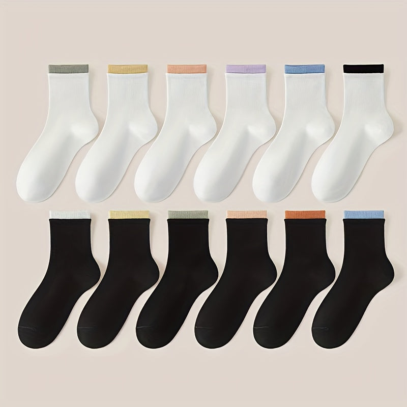 12 Pairs Colorblock Trim Socks Comfy & Breathable Women's Stockings