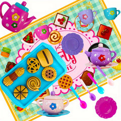 Kids Pretend Play Tea Set with Tray & Cookies Pink & Floral Plastic