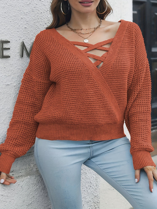  V-Neck Criss Cross Long Sleeve Sweater