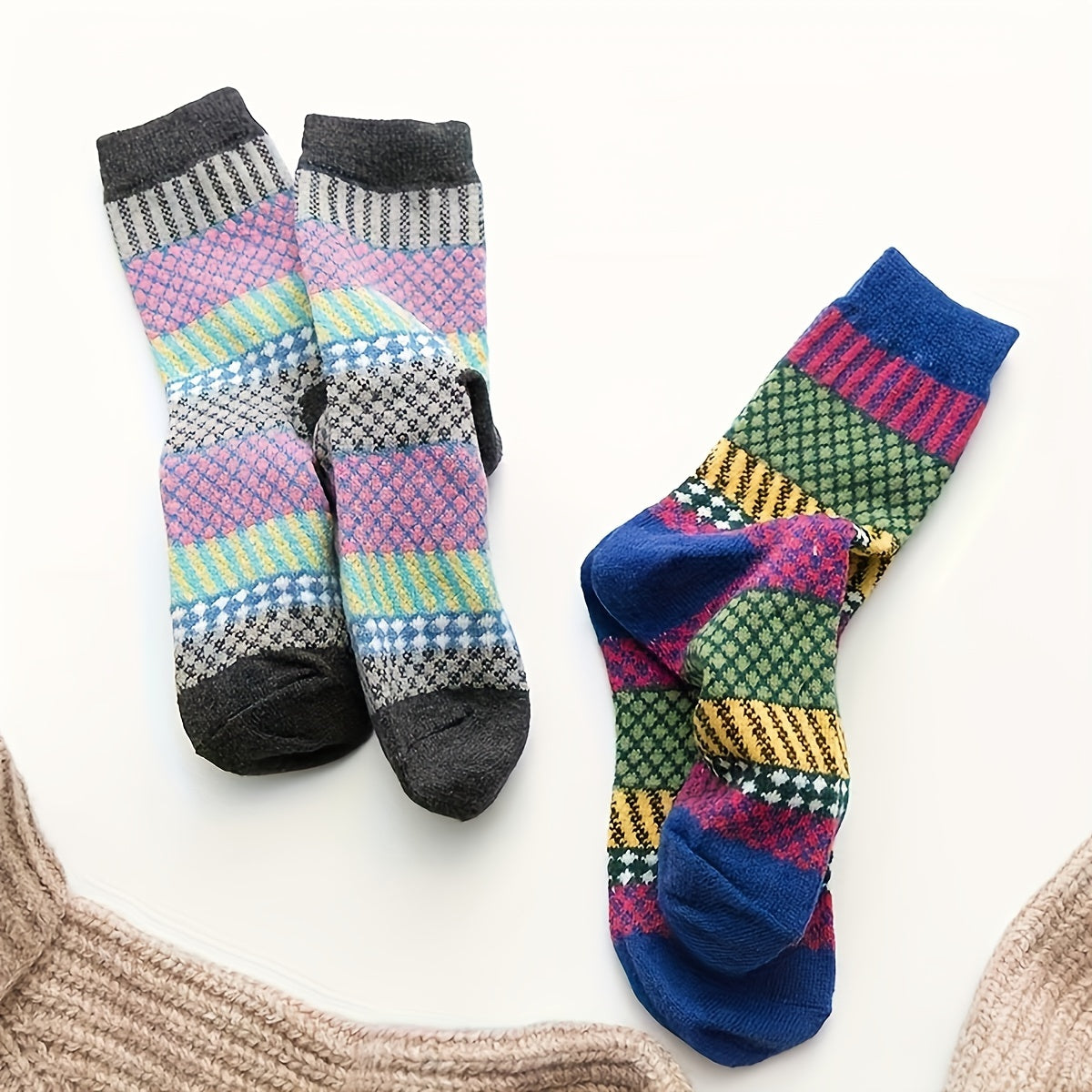 5 Pairs Geometric Pattern Socks Colorblock Warm Stockings