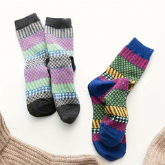 5 Pairs Geometric Pattern Socks Colorblock Warm Stockings