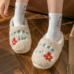 Letter & Flower Print Slippers Slip On Round Toe Low Indoor Shoes