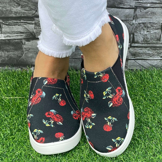 Rose Pattern Slip-On Flat Shoes Women's Casual Lightweight Shoes