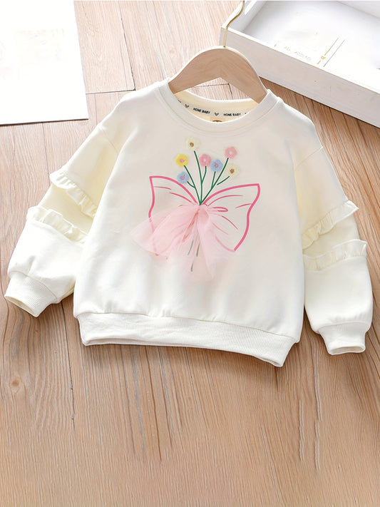 Girls Flowers Graphic Sweatshirt with Tulle, Long Sleeve Top Pullovers