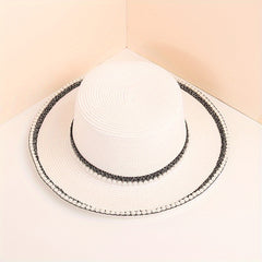 Faux Pearl Decor Sun Hat Flat Top Jazz Fedora Cap Women