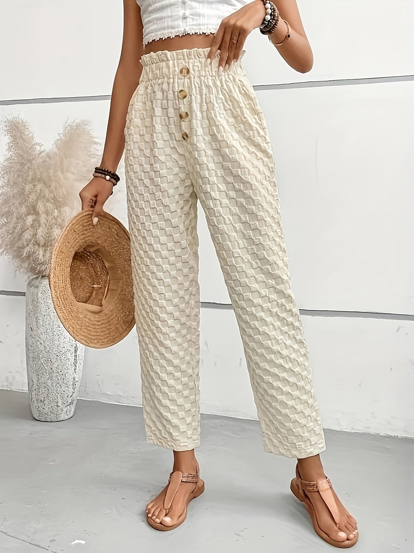  Women's Textured Button High Rise Straight Leg Trousers