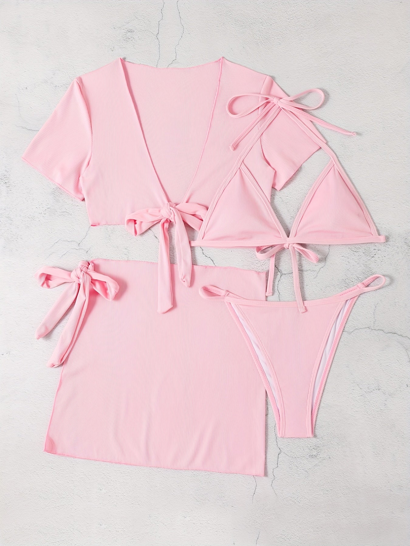 Solid Stretchy Bikini Set Halter V Neck High Cut With Cover Up