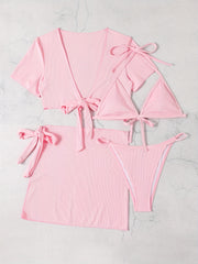 Solid Stretchy Bikini Set Halter V Neck High Cut With Cover Up