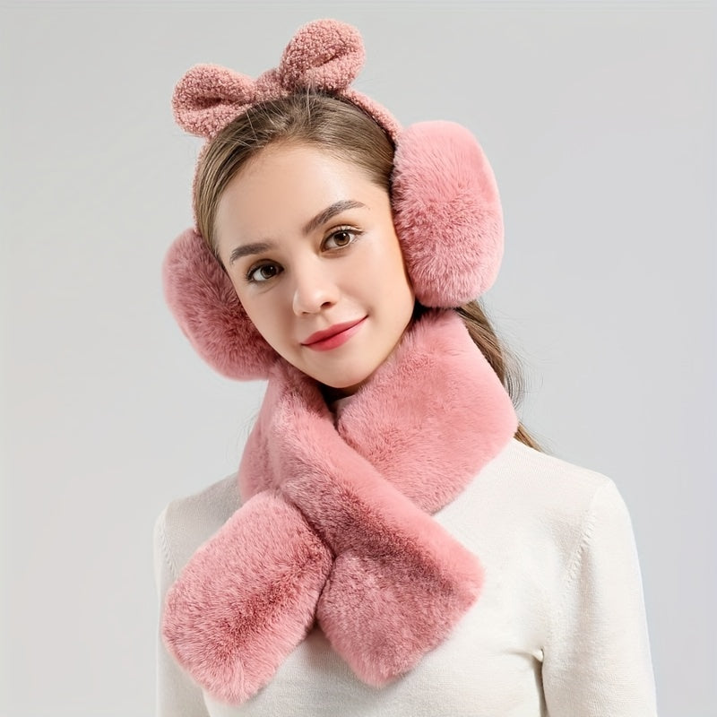 Women's Plush Teddy Bear Ear Warmers Soft Pink Cold Weather