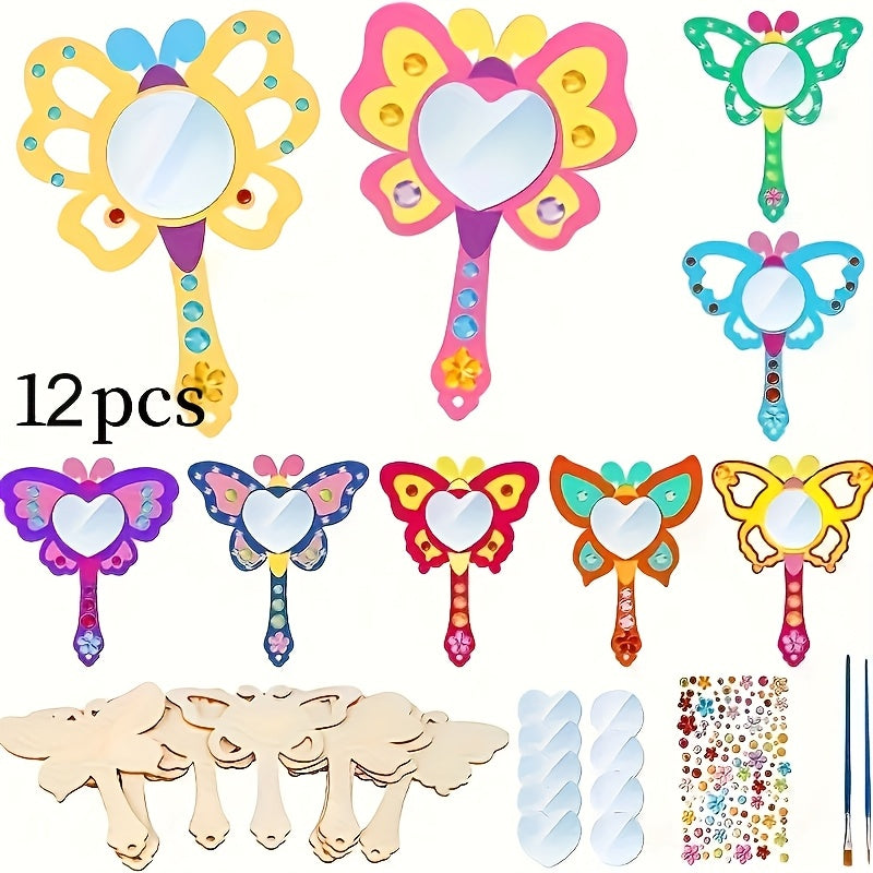 12pcs Wooden Mirrors Craft Set - Paintable Handheld Art Mirror