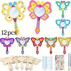 12pcs Wooden Mirrors Craft Set - Paintable Handheld Art Mirror
