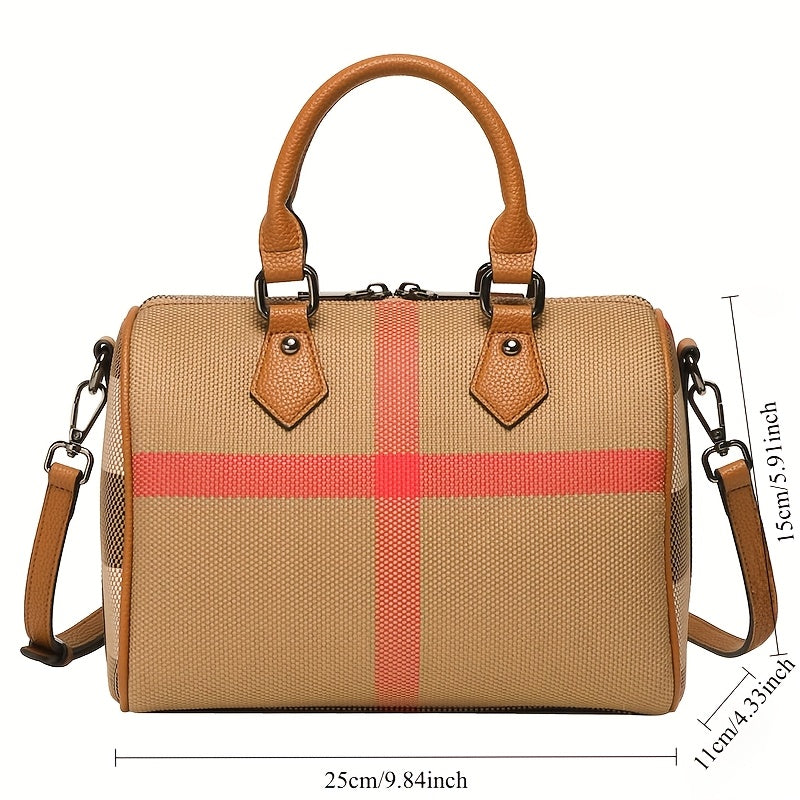 Striped Boston Pillow Handbag Light Brown with Red Accents