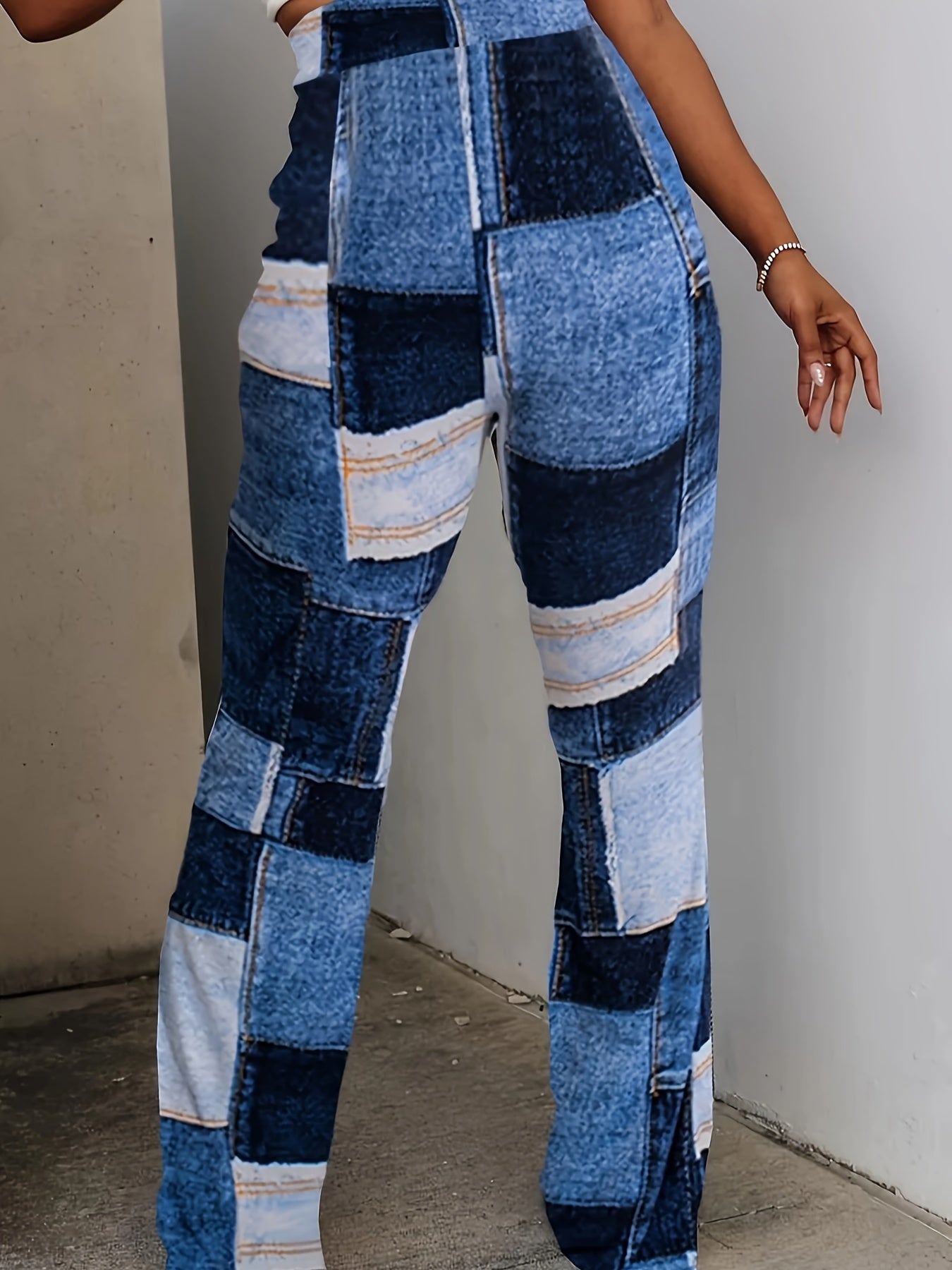  Denim Print High Waist Flared Leg Stretch Trousers