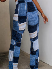  Denim Print High Waist Flared Leg Stretch Trousers