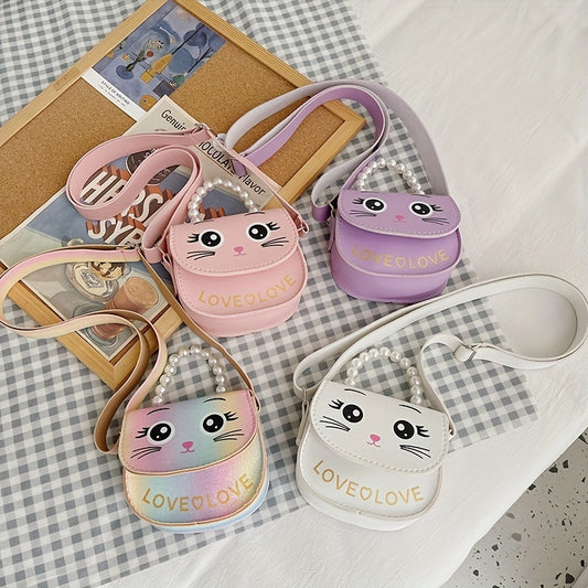 Girls Cat Shoulder Bag With Pearl Handle Strap Sweet Handbag Crossbody Bag