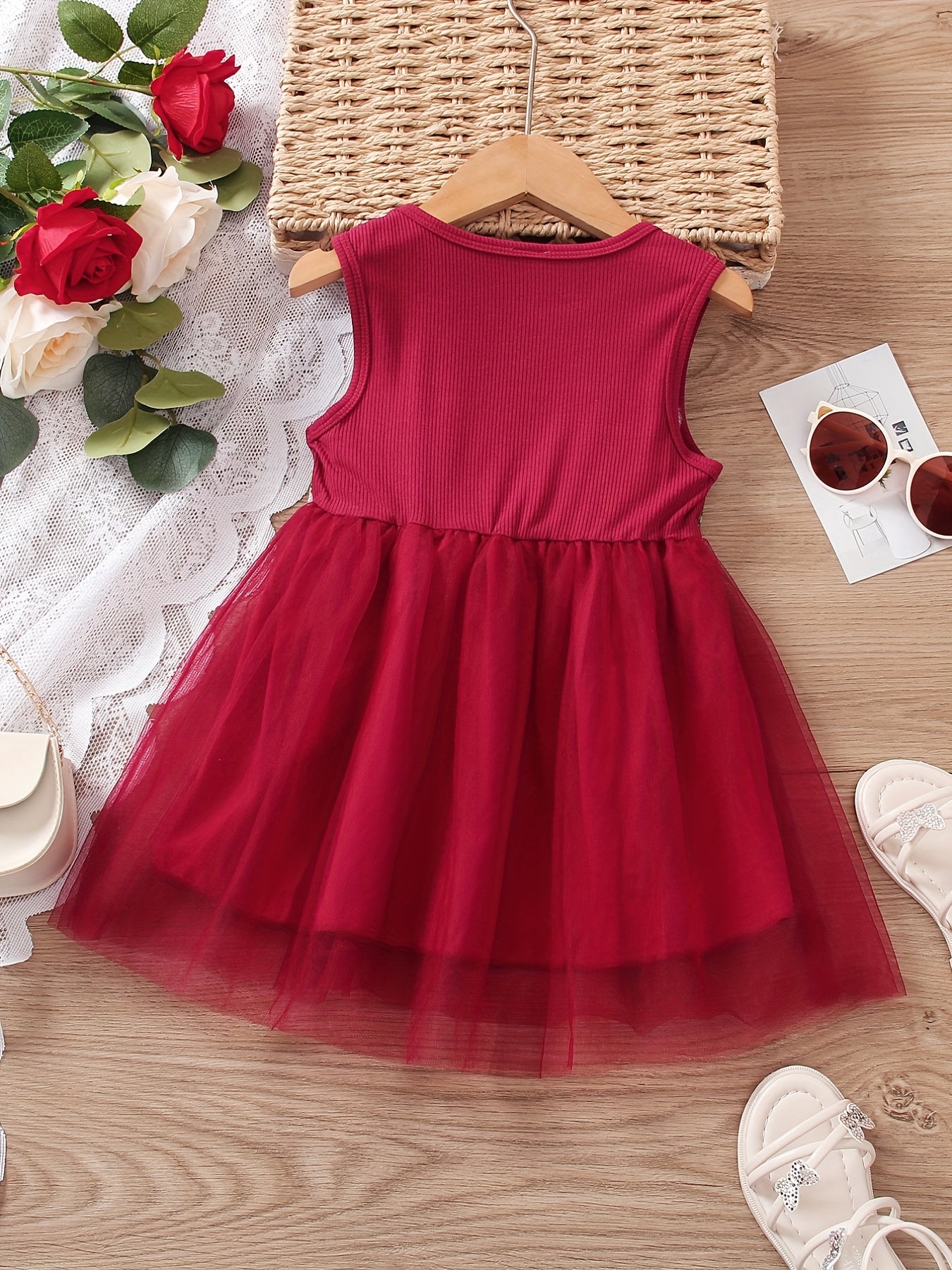 Girls Flower Decor Sleeveless Mesh Princess Dress Summer Kids Clothes