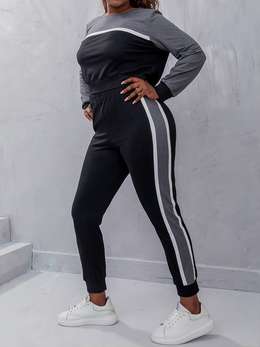  Colorblock Top & Sweatpants Sportswear Set Plus 2pcs Activewear Set