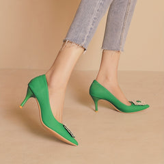 Crystal Decor Stiletto Heels Point Toe Faux Leather Pumps