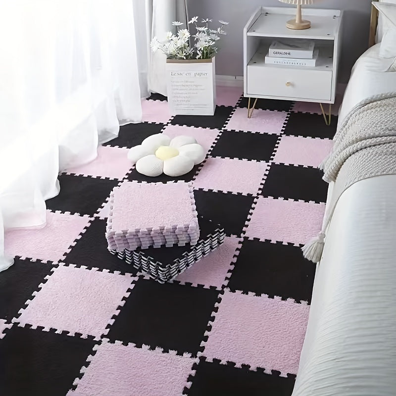12pcs Pink Foam Puzzle Floor Mat Interlocking Fluffy Soft Climbing Area Rugs
