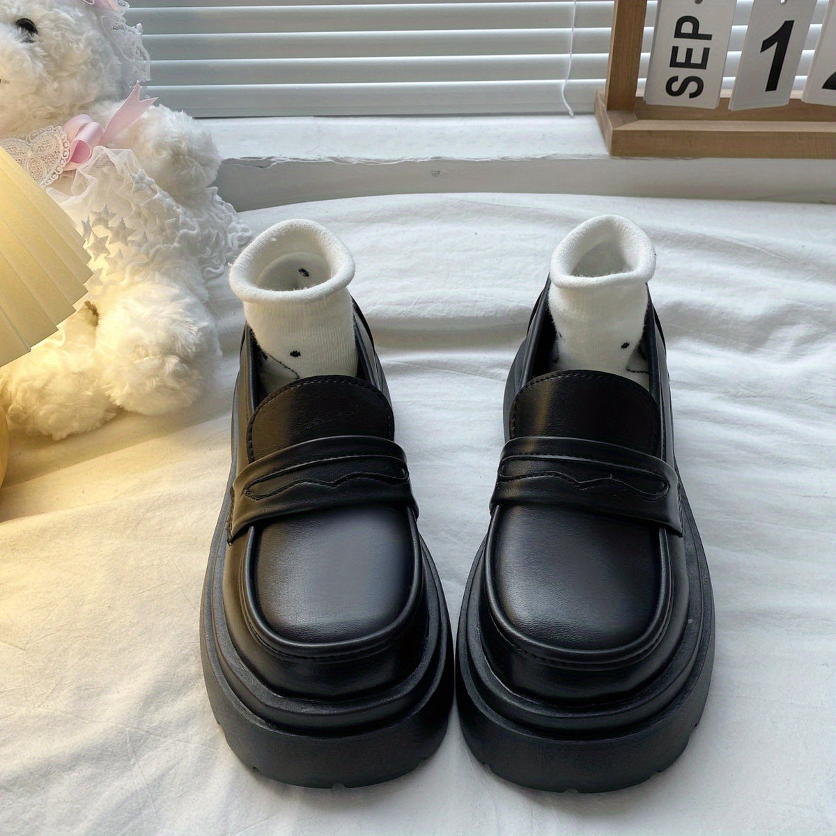 Women's Platform Loafers Slip On Shoes Preppy Style Faux Leather