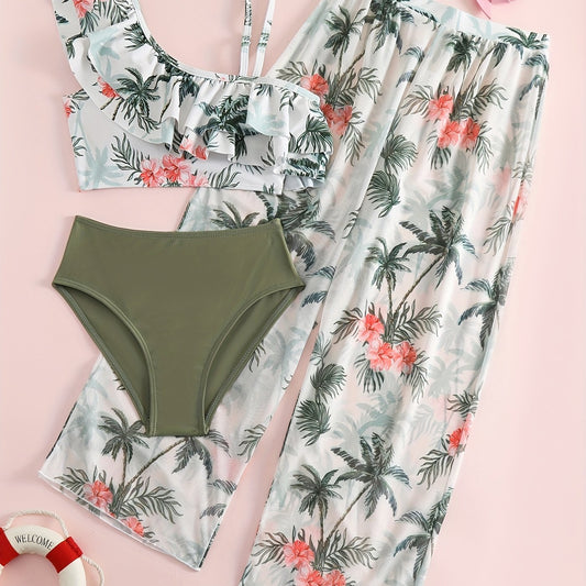 Girl's Bikini Swimsuit 3pcs Ruffle Decor Camisole & Briefs & Pants Set