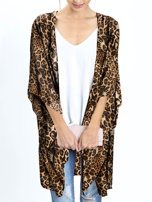 Leopard Print V Neck Cover Up Shirt Loose Fit Long Sleeve Rash Guard Kimono